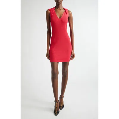 Balmain Twist V-neck Rib Sweater Minidress In Red