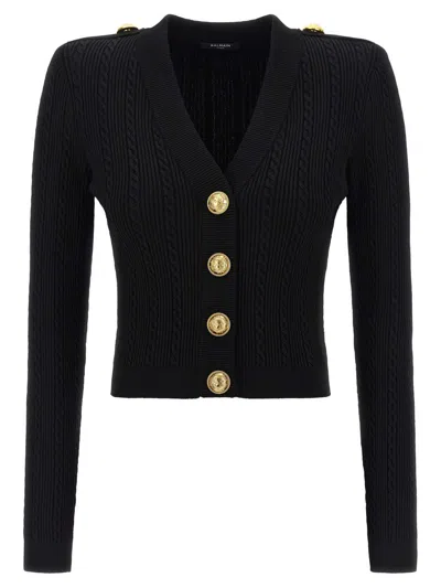 Balmain Cable Knit Crewneck Sweater In Blue