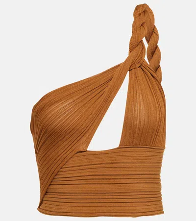 Balmain Twisted One-shoulder Cutout Top In Camel