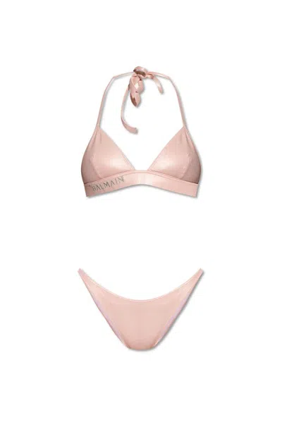 Balmain Logo-embroidered Bikini In Pink