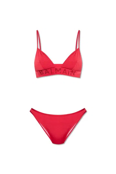 Balmain Rhinestone-embellished Bikini In Red