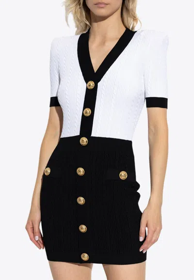 BALMAIN TWO-TONE CABLE-KNIT MINI DRESS