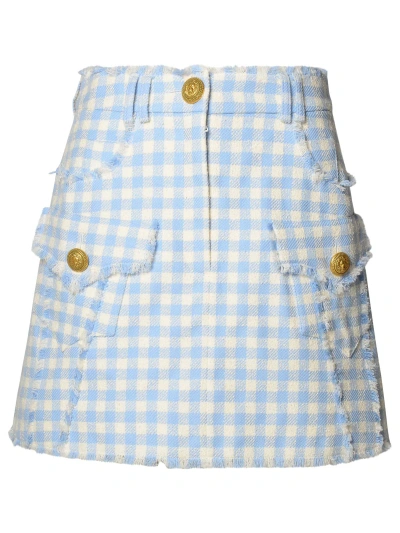 Balmain Two-tone Cotton Skirt In Bleu Pale/blanc