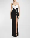 Balmain Two-tone Crepe Draped Long V-neck Split Dress In Black