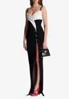 Balmain Two-tone Crepe Draped Long V-neck Split Dress In Black