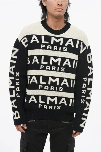 Balmain Two-tone Crewneck Sweater With All-over Logo In Black