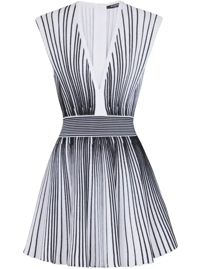 Balmain Two-tone Flared Knitted Dress In Multi