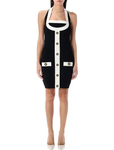 Balmain Two-tone Halterneck Knit Mini Dress In Black