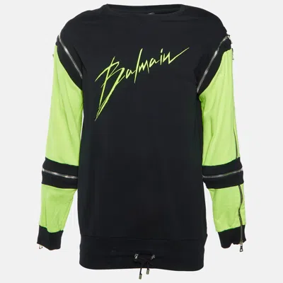 Pre-owned Balmain Two Tone Logo Print Cotton Jersey Zip Detail Sweatshirt M In Black