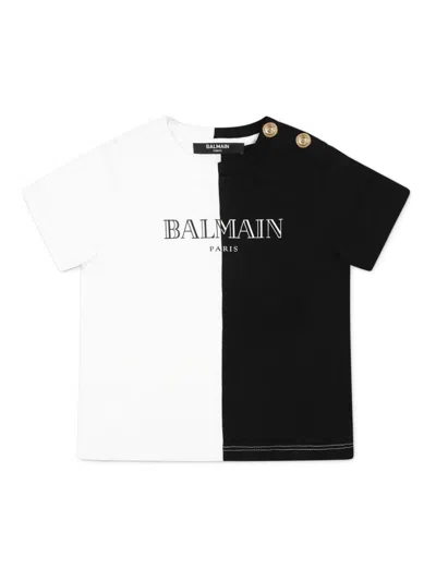 Balmain Babies' Two-tone Logo-print T-shirt In White