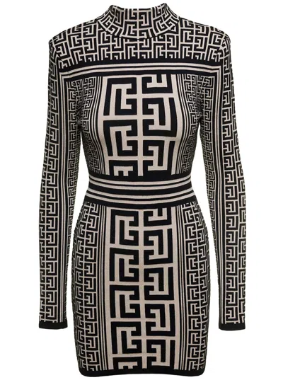 BALMAIN TWO-TONE MINI DRESS WITH ALL-OVER 'MONOGRAM' DETAIL IN WOOL BLEND WOMAN