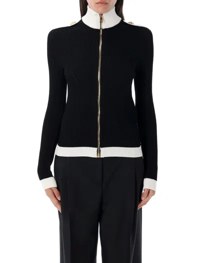 BALMAIN TWO-TONE OPENWORK AND RIBBED KNIT CARDIGAN