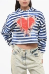 Balmain Two-tone Striped Cropped Hoodie With Heart Print In Blue