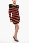 Balmain Two-tone Striped Mini Dress With Decorative Buttons In Red