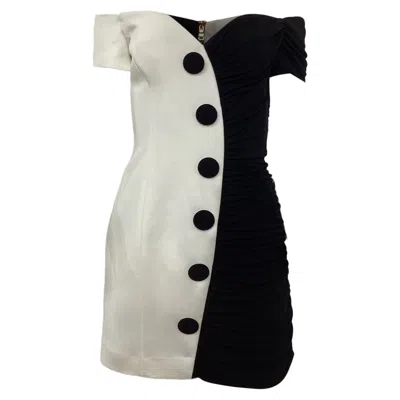 Balmain Two-toned Mini Off-shoulder Dress In Black And White Viscose In Multi