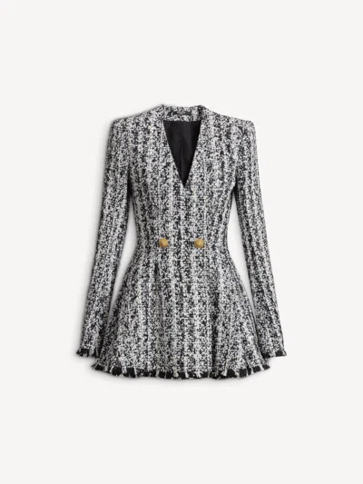 Balmain Two-tone Flared Tweed Dress In Black