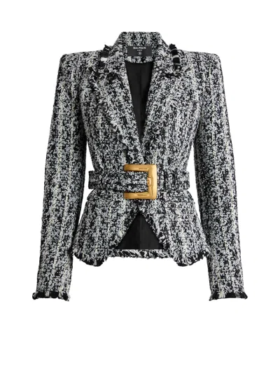 Balmain Two-tone Tweed Belted Jacket In Black
