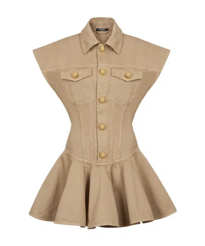 Balmain Flared Cotton-canvas Dress In Nude