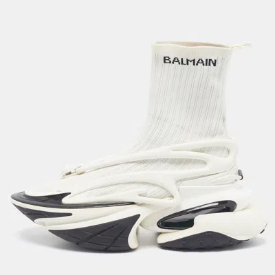 Pre-owned Balmain Unicorn Size 43 White/black Knit Fabric And Rubber High Top Sneakers