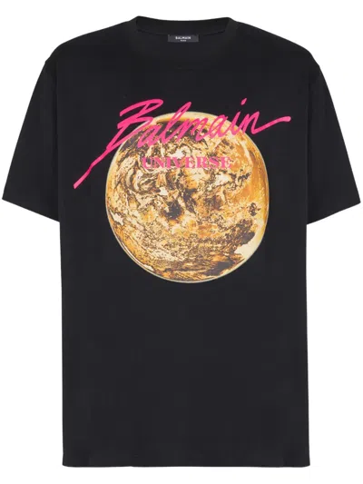 Balmain Universe Logo And Planet T-shirt In Noir/or/rose/fuchsia