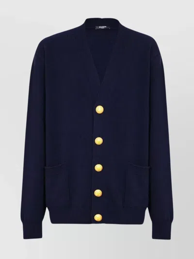 Balmain V-neck Blazer With Ribbed Cuffs And Hem In Blue