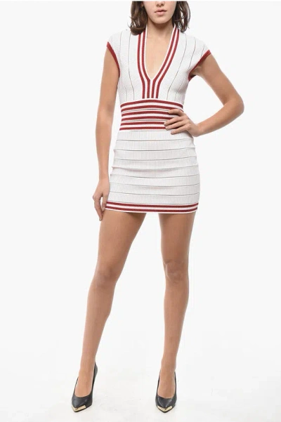 Balmain V-neck Bodycon Dress With Contrasting Details In White