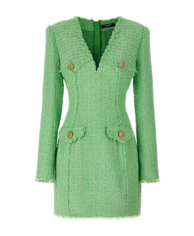 Balmain Green Logo Button Tweed Dress