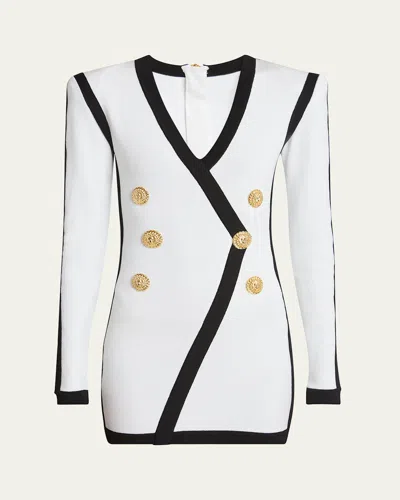 BALMAIN V-NECK BUTTON WRAP BODY-CON MINI DRESS
