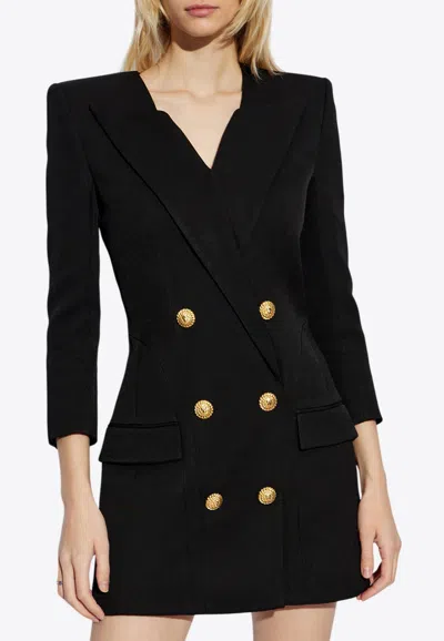 Balmain V-neck Buttoned Crepe Mini Dress In Black