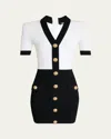 Balmain V-neck Buttoned Strong-shoulder Torsade Knit Mini Dress