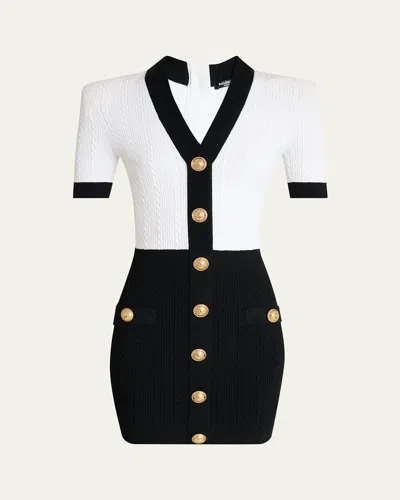 Balmain V-neck Buttoned Strong-shoulder Torsade Knit Mini Dress In White