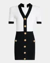Balmain V-neck Buttoned Strong-shoulder Torsade Knit Mini Dress