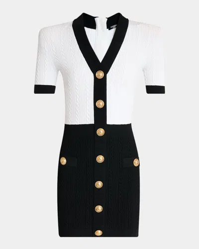 BALMAIN V-NECK BUTTONED STRONG-SHOULDER TORSADE KNIT MINI DRESS