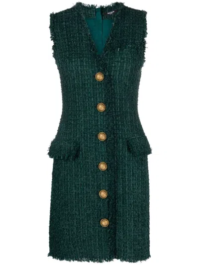 Balmain V-neck Buttoned Tweed Dress In Green