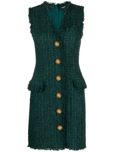 Balmain Button-embellished Tweed Mini Dress In Green