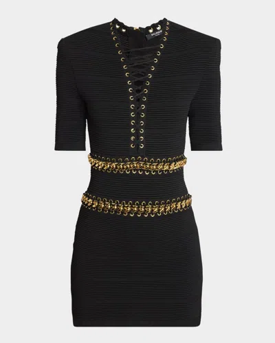 Balmain V-neck Chain Lace-up Mini Dress In Black/gold