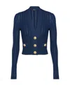 Balmain Ladies Marine Cropped Knit Cardigan In Blue