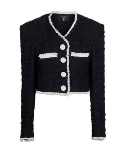 Balmain V-neck Cropped Tweed Jacket In Black