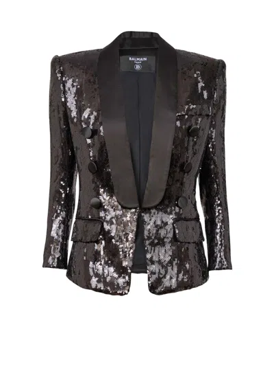 Balmain V-neck Glitter Satin Tailored Jacket In Black