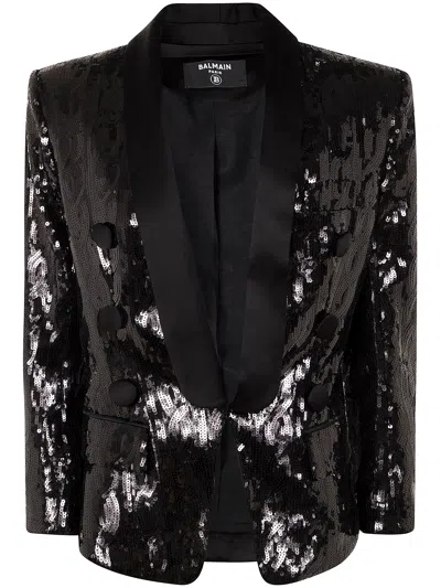 BALMAIN BALMAIN V-NECK GLITTER SATIN TAILORED JKT