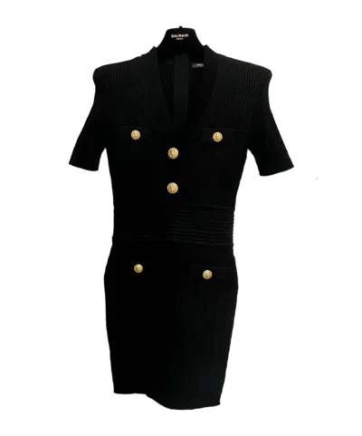 Balmain V-neck Knit Dress In Black