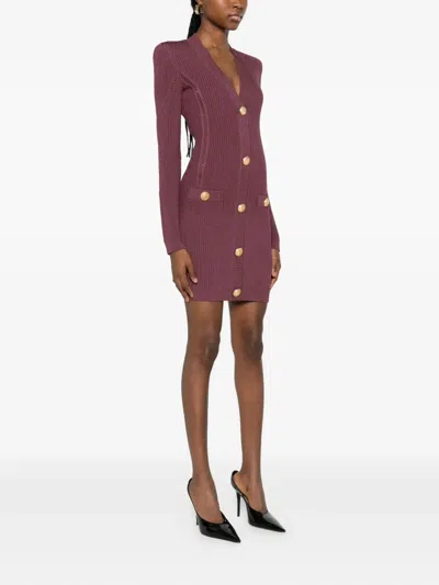 Balmain V-neck Knitted Mini Dress In Purple
