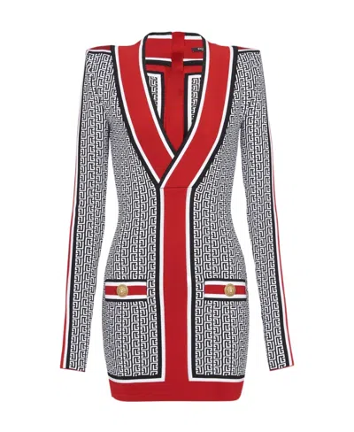 Balmain V-neck Monogram Knitted Minidress In Black