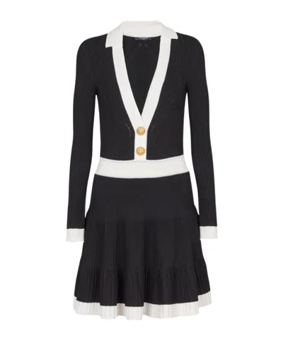BALMAIN V-NECK PLEATED KNIT DRESS