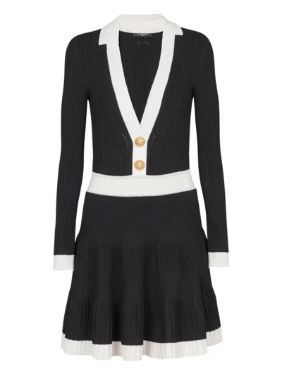 BALMAIN V-NECK PLEATED KNIT DRESS