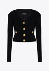 Balmain Black Fitted Cardigan With V Neckline And Jewel Buttons In Knit In Black