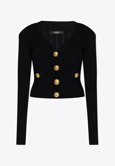 BALMAIN V-NECK RIB KNIT BUTTON-UP CARDIGAN