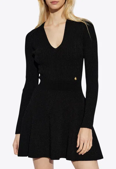 Balmain V-neck Ribbed Mini Dress In Black