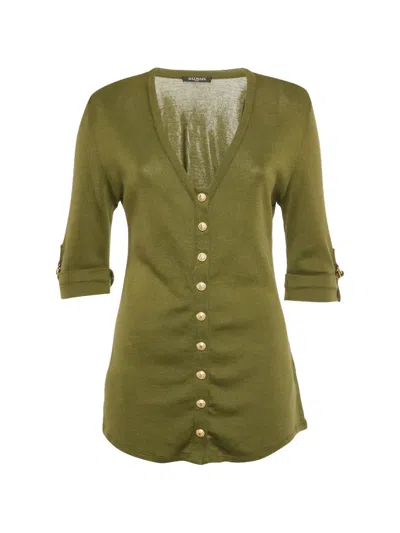 Pre-owned Balmain V-neck Ribbed Top In Green