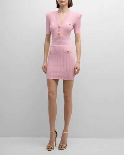 Balmain V-neck Short-sleeve Strong-shoulder Pointelle Knit Mini Dress In Pink